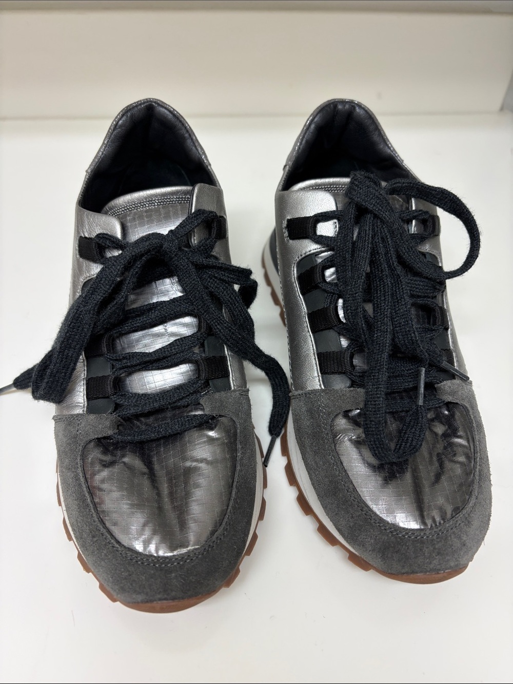 Brunello Cucinelli Metallic Gray and Black Mixed-Material Sneakers